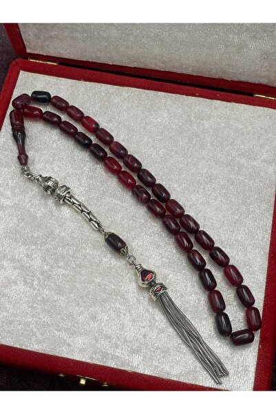 Onurlu Tesbihane Alpaka Zincir Püsküllü Sıkma Kehribar Tesbih (Bordo, 7x11 mm)