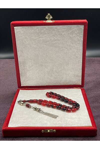 Onurlu Tesbihane Alpaka Zincir Püsküllü Çift Renk Sıkma Kehribar Tesbih (Kırmızı-Siyah, 7x11 mm)