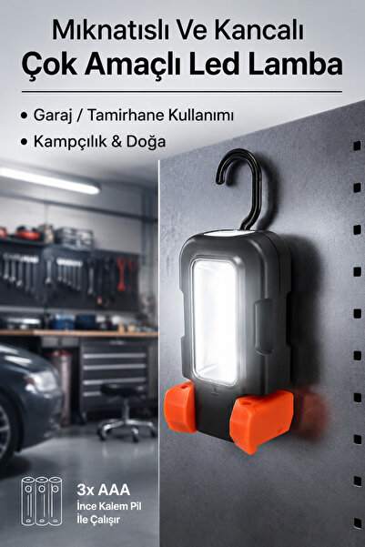 Çok Amaçlı LED Işık Mıknatıslı ve Kancalı - Pilli Kamp Feneri Kaput İçi Tamir Işığı