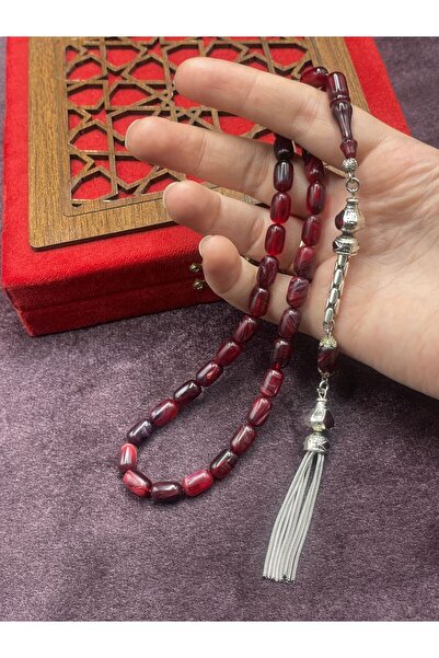 Onurlu Tesbihane Alpaka Zincir Püsküllü Sıkma Kehribar Tesbih (Bordo, 7x11 mm)