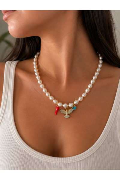 ANKA JEWELLRY Women's Pearl-Like Evil Eye Beaded Necklace – Stylish Design wi...