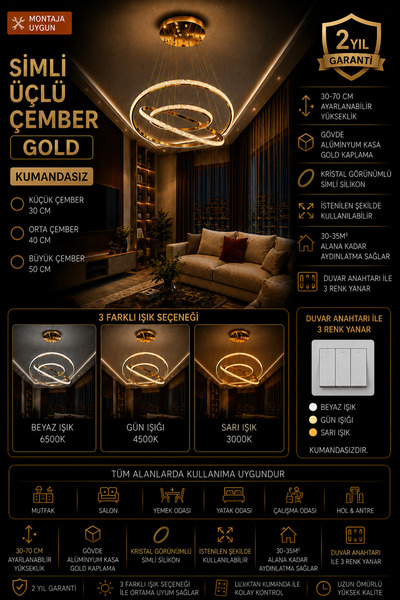 mubeda aydınlatma SİMLİ-Üçlü Çember Gold LED Avize - 3 Renk Aydınlatma (KUMAN...