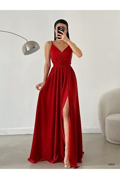 Modafeminen Double Breasted Collar Glitter Evening Dress 58863 Red