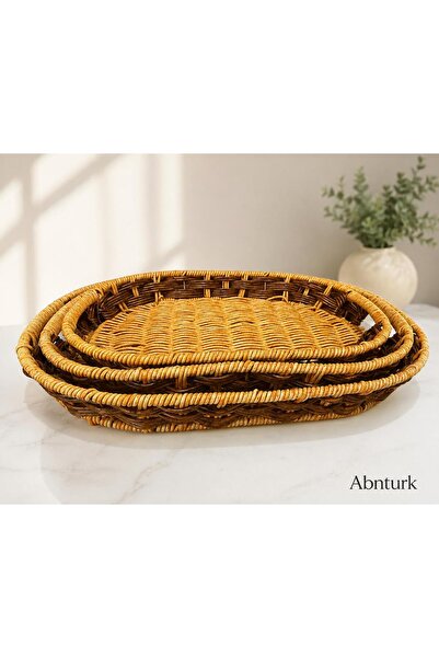 abnturk 3'lü Dekoratif Hasır Servis Sunum Tepsisi-Oval Rattan Görünümlü Çok A...