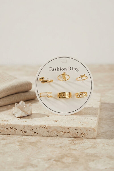 Lisinya Gold Color Brass Bohemian Detailed 6-Piece Ring Set Byk4309 -