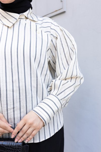 honeyed Afra Collar Buttoned on the Shoulder Pleated Balloon Sleeve Lyocell Fabric Hijab Women's Shirt