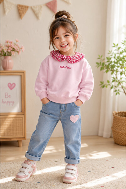 KuzeyKids Kız Çocuk Pembe Fırfır Yakalı Hello Chérie Sweatshirt | Uzun Kollu ...
