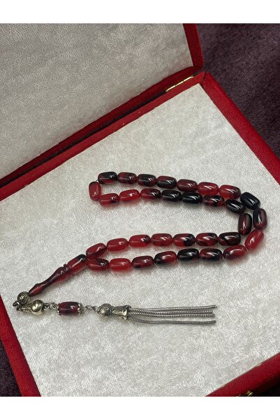 Onurlu Tesbihane Alpaka Zincir Püsküllü Çift Renk Sıkma Kehribar Tesbih (Kırmızı-Siyah, 7x11 mm)