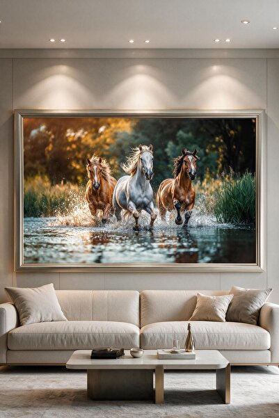 ARTAN GALLERY Koşan Üç At İtalyan Kadife Tablo 40 mm Kalın Çerçeveli Yağlı Bo...