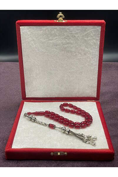 Onurlu Tesbihane Alpaka Püsküllü Kapsül Kesim Kırmızı Ateş Kehribar Tesbih (7x11 mm)