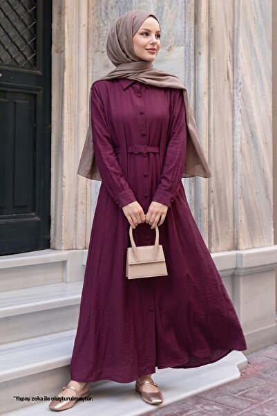 InStyle Belted Buttoned Burgundy Ferace Dress