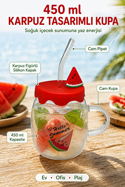 Genel Markalar Karpuz Tasarımlı Cam Kupa Bardak - 450 ml - Silikon Kapaklı - ...