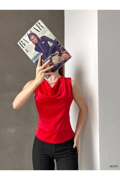 Modafeminen Red Degaje Collar Satin Sleeveless Blouse 582507