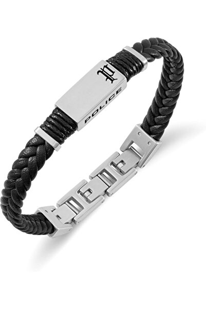 Police Ridgecord Black Braided Leather Bracelet for Men, Stainless Steel Clasp