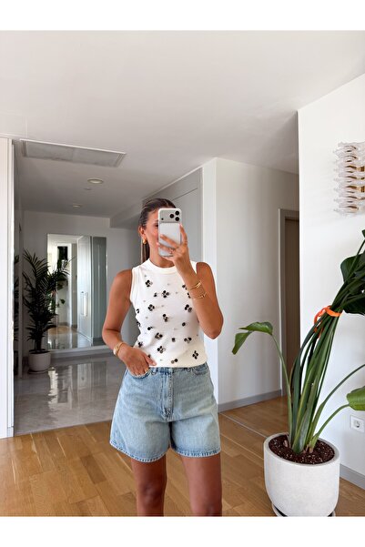 MERVE AKSOY Hand Embroidered Ribbed Athlete Top - Ecru