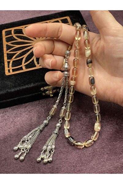 Onurlu Tesbihane Alpaka Damla Uçlu Çift Renk Sıkma Kehribar Tesbih (Krem-Siyah, 7x11 mm)
