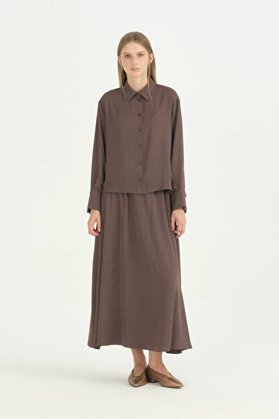 Nihan Basic Shirt Skirt Set - Brown