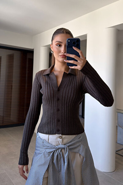 MAGARDE Polo Collar Ribbed Knit Cardigan - Brown