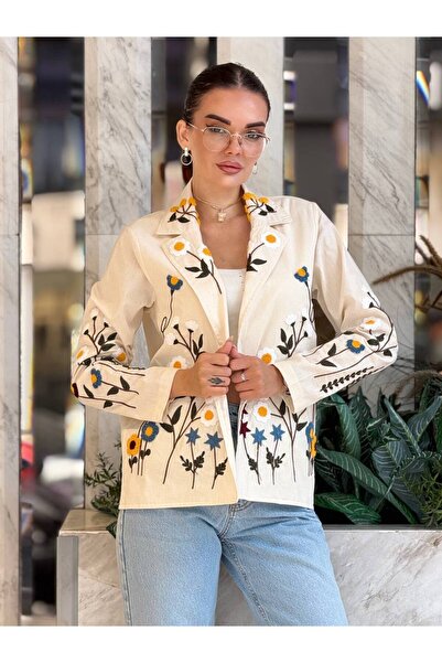 Nes Moda Kadın Yaka Detaylı Nakış İşlemeli Keten Ceket