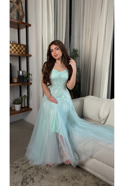 JAQUEEN فستان سهره طويل سماوي ترتر