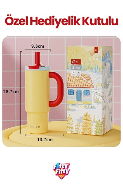 Vagonlife DILLER Tumbler 950 ML Tek Kapak Çift Kullanım Pipetli Rahat İçim Kulplu Paslanmaz Çelik Termos F9511