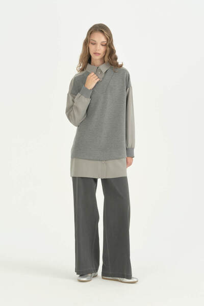 Nihan Knitted Mixed Fabric Shirt Tunic - Gray