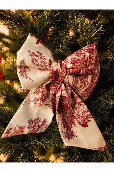 Beige & Stone Mini Size Burgundy Patterned Fabric Bow Christmas Pine Tree Orn...