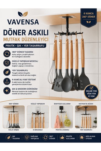 VAVENSA 6 Kancalı 360° Döner Mutfak Askılığı Yapışkanlı Kepçe Kaşık Düzenleyici