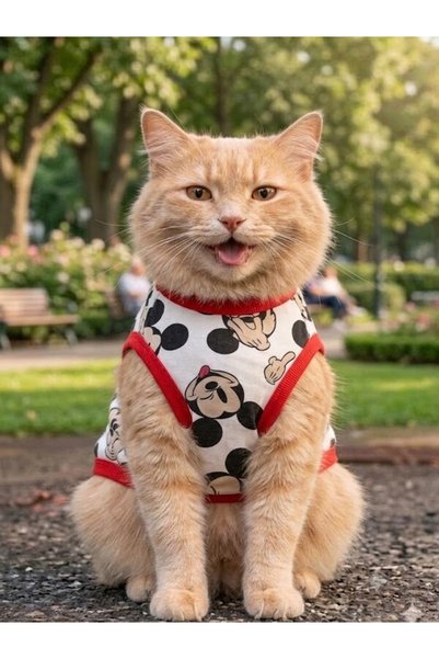 Peti Tailor Kedi Tişörtü Mickey Mouse Temalı Kırmızı Detaylı Pamuklu Penye Ke...
