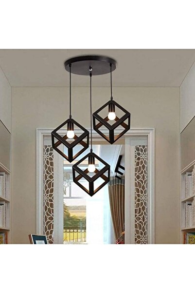 Generic مصباح سقف معلق أسود بثلاثة مصابيح، تصميم صناعي ريفي عتيق من الحديد ال...