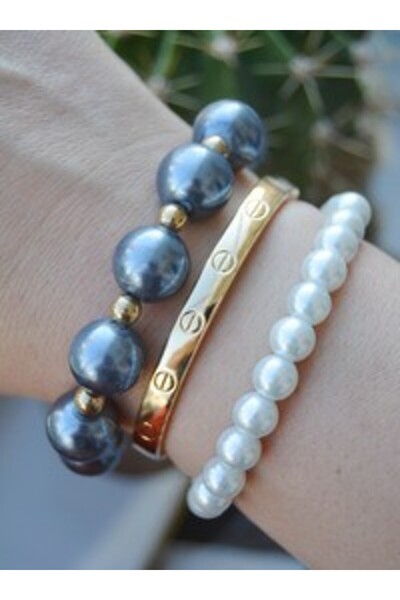 Stoneage Bracelet Set with Clip and Pearls - Multi-Colored