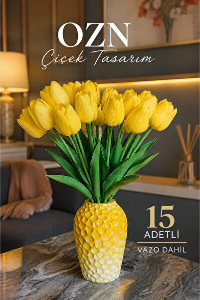 Yapay Sarı Islak Lale Çiçek Aranjmanı - VAZO DAHİL -Dekoratif Ev, Ofis ve İş Yeri Süsü - 15 Adet Lale