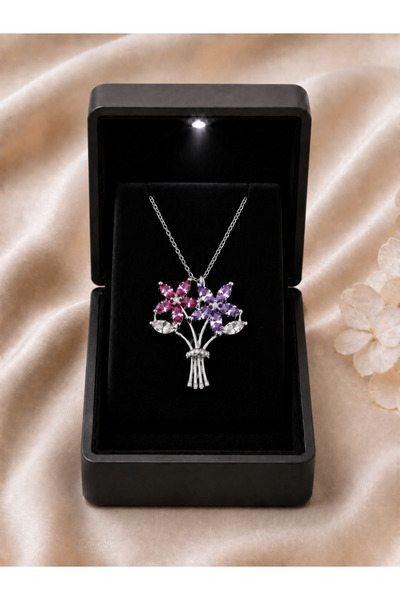 Ahamelia Jewelry 925 Ayar Gümüş Işıklı Kutuda Çiçek Buketi Kolye