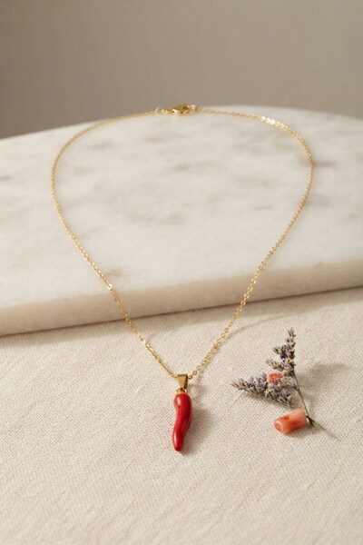 TakÇalıştır 316L Steel Gold Color Chain Red Capa Pepper Model Women's Necklace