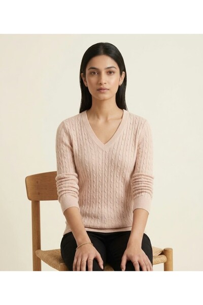 StormWear Women's 100% Cotton V-Neck Twisted Knit Detailed Breathable Knitwear Blouse Sweater