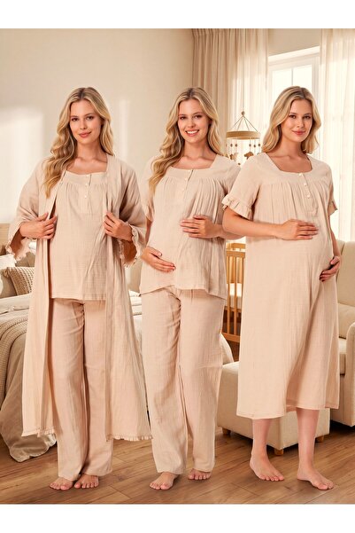 Lohussa New Season Beige Muslin Fabric Button Detailed Design Short Sleeve 10...