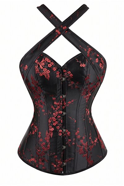 LA VALİENTE Sakura - Siyah Kadın Japon Esintili Çiçek Desenli Vintage Korse B...