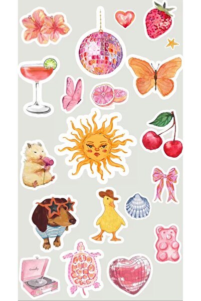 18’li Dekoratif Sticker Seti Pembe Turuncu – Retro Yaz, Kelebek, Kiraz, Kalp ve Hayvan Figürlü Çıkartma