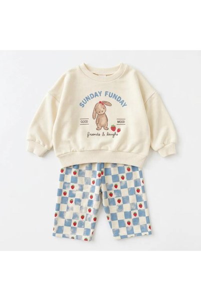 Luna Kids Store Girl's Rabbit Printed Sweatshirt and Strawberry Patterned Checkered Sweatpants Set