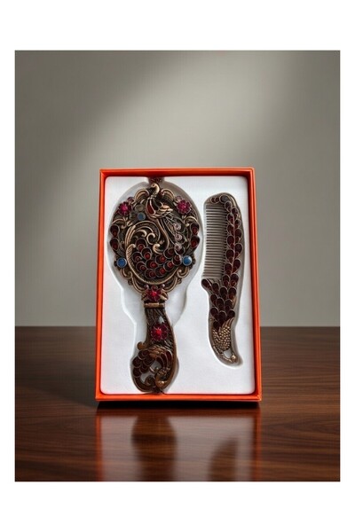 NEVVALİFE Ottoman Palace Collection 14X7 cm Embroidered Hand Mirror and Comb ...