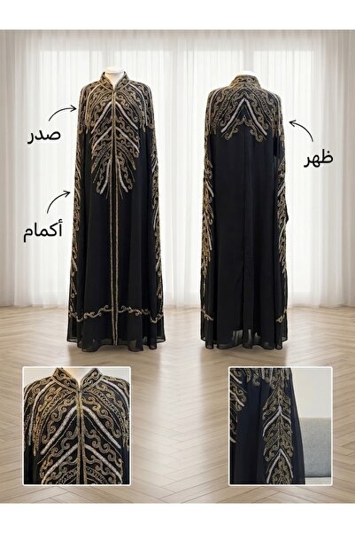 REHAM جلابية سوداء فاخرة بتصميم أنيق وراقي، مزينة بـ تطريز هندي يدوي فاخر بال...
