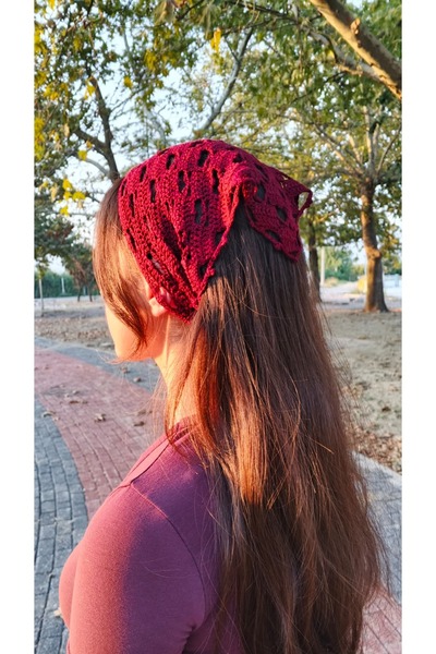 Kadın Örgü Bandana Bordo El Örgüsü Saç Aksesuarı Şık Bohem Tasarım