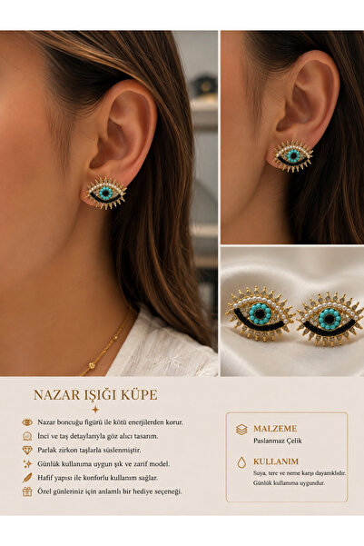 BURCU JEWELRY أقراط ذهبية بحجر الفيروز على شكل عين الشر
