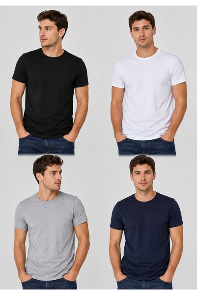 LECTURE 4-Piece Men's Slim Fit Basic T-Shirt Set Black White Gray Navy Blue C...
