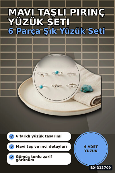 Şeker Portakalım Blue Stone Brass 6 Piece Ring Set - Size 7-8 Silver Color Bi...