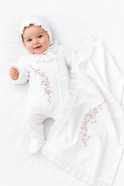 LİLİYUM Floral Embroidered Lace Detailed 3-Piece Organic Hospital Discharge S...