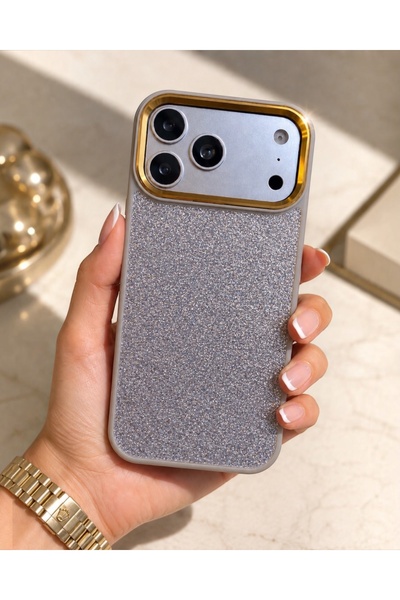 KILIF HOUSE Iphone 16 Pro Max Uyumlu Gold Çerçeveli Simli Işıltılı Parlak Lük...