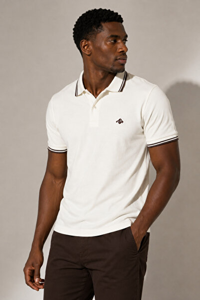 Mesh Men's Ecru Polo Collar T-Shirt 100% Cotton Pique Fabric Regular Fit Brown Striped Short Sleeve Mountain Embroidery