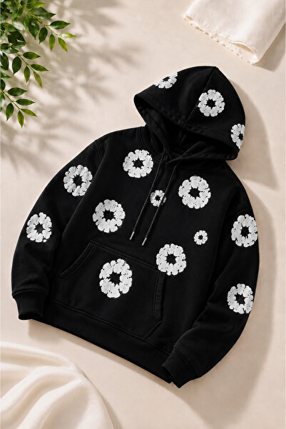 Unisex Oversize Çiçek Baskılı Kapüşonlu Sweatshirt – Rahat Günlük Streetwear