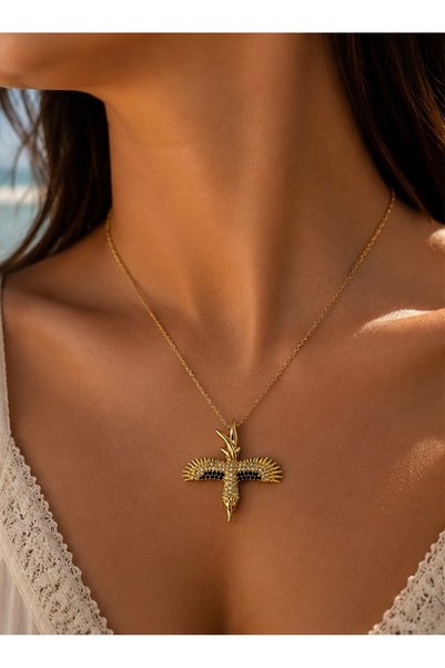 BURCU JEWELRY قلادة فينيكس أنكا بيرد الذهبية مع الحجر الأسود